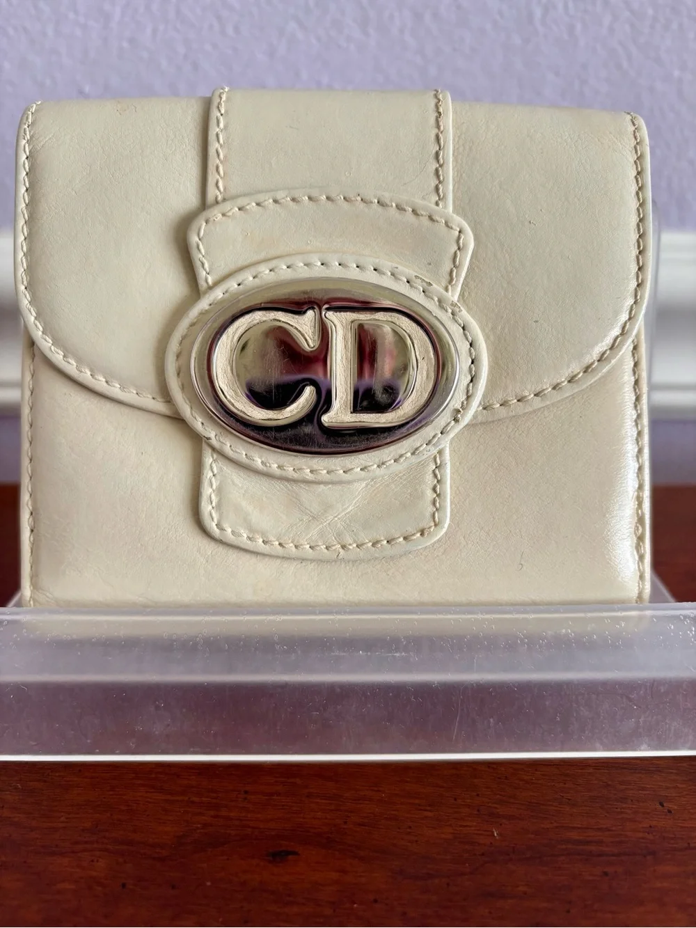 Christian Dior Vintage Cream Leather Bifold Wallet CD Logo Compact Wallet w/ Box